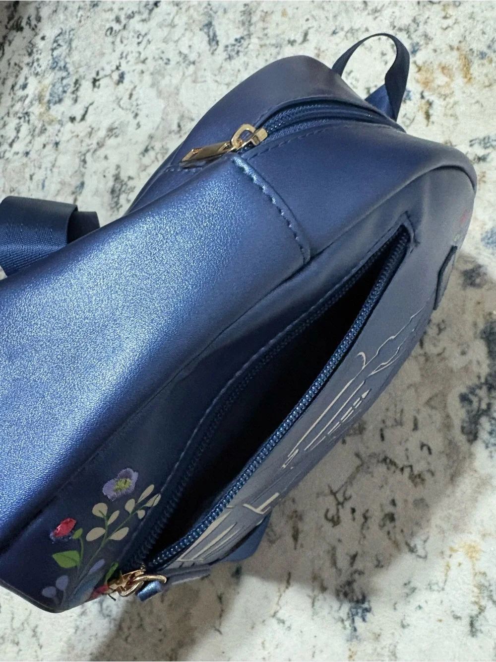 NWOT Disney Navy Mini Backpack with Gold Castle and Floral Accents